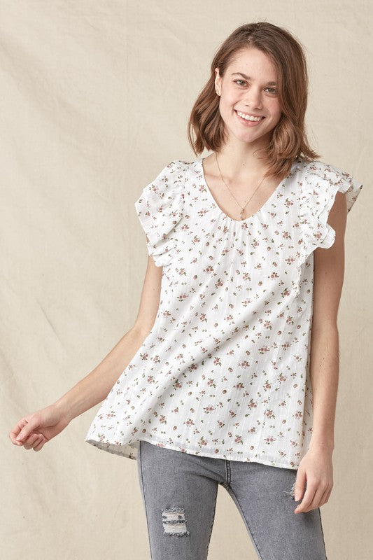 DORAE SWISS DOT FLORAL PRINT RUFFLE TOP WITH BUTTON BACK