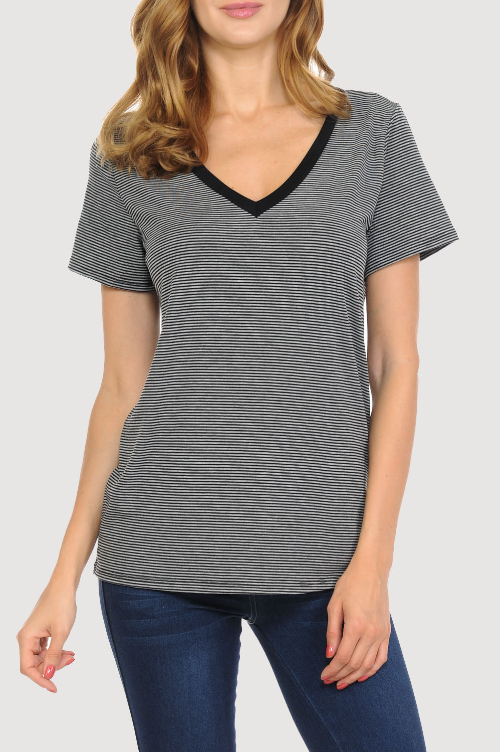 Micro Stripe Contrast Deep V-neck T-Shirt