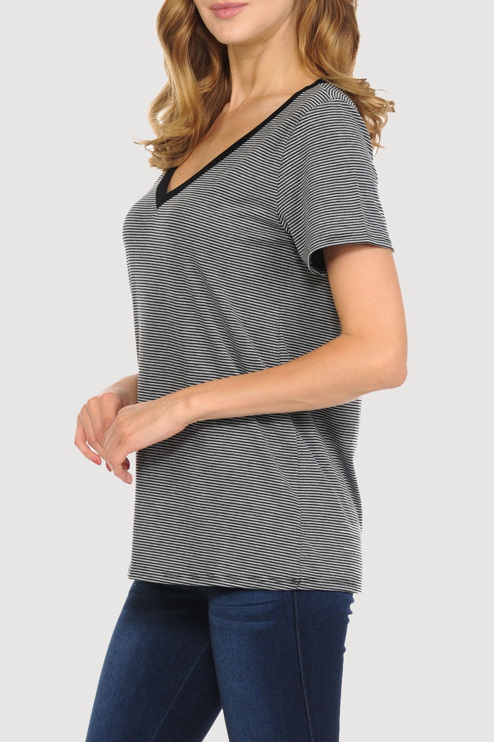 Micro Stripe Contrast Deep V-neck T-Shirt