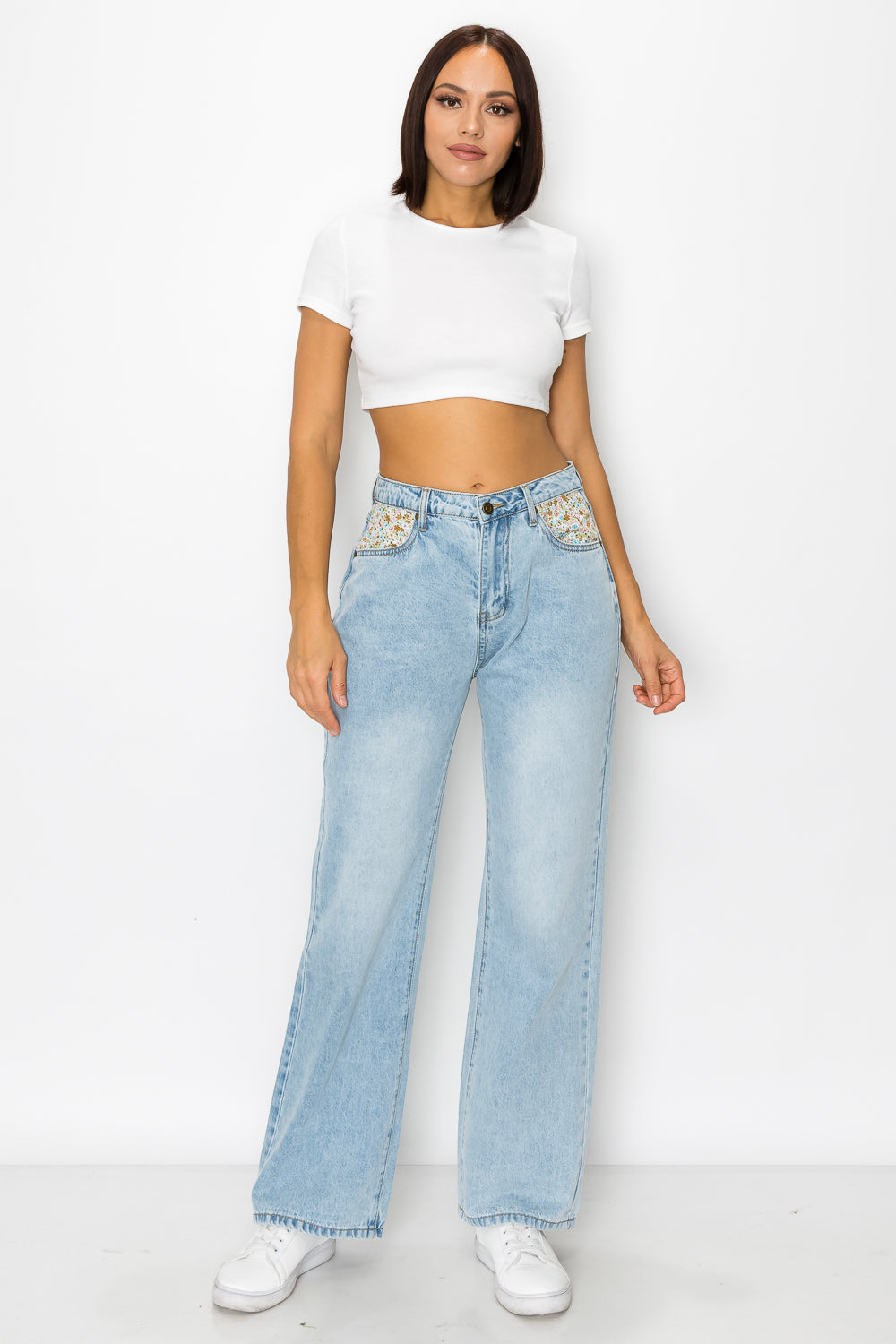 High-Rise Floral Inner Pocket Wide Leg Jeans