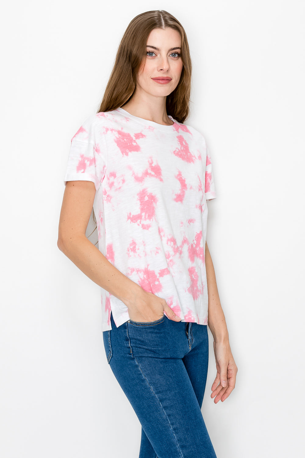 Rolled Up Sleeve Tie Dye Print Top